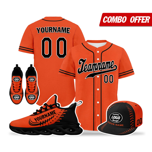 Cool Customize Baseball Jersey + Sneaker + Cap Kits | Personalized Design Printed Logo/Team Name/Picture/Photo On Sports Suits For Men And Women Orange Black Sole Sport Shoes ZH-24020050-20b