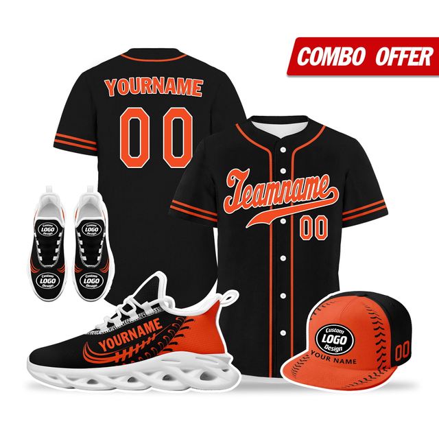 Custom Baseball Jersey + Sneaker + Cap Kits | Personalized Design Printed Logo/Team Name/Picture/Photo On Sports Suits For Men And Women Orange Black White Sole Sport Shoes ZH-24020050-29w