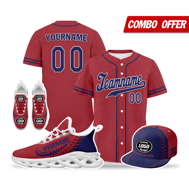 Cool Customize Baseball Jersey + Sneaker + Cap Kits | Personalized Design Printed Logo/Team Name/Picture/Photo On Sports Suits For Men And Women Claret Dark Blue White Sole Sport Shoes ZH-24020050-21w