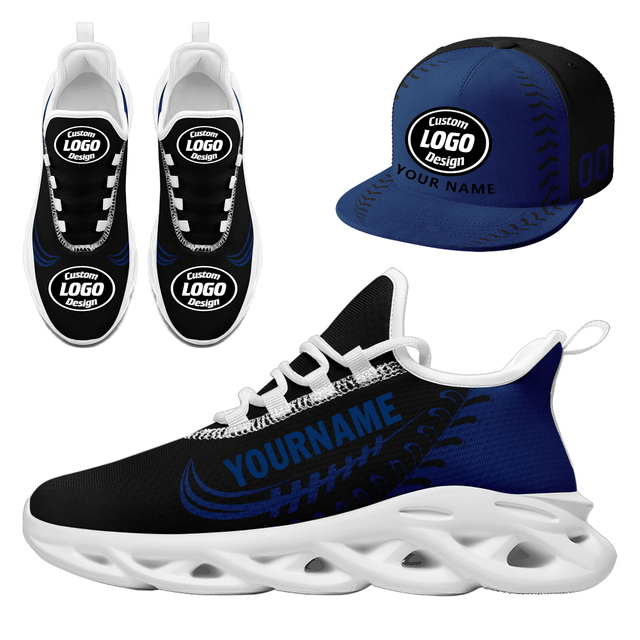 Custom Sneaker + Hat Kits Personalized Design Printing Logo & Photo on Sport Shoes for Men and Women Blue Black White Sole