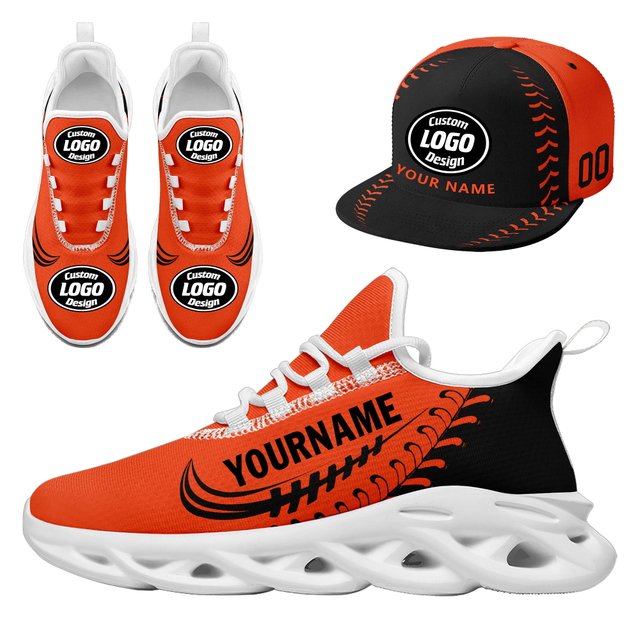 Custom Sneaker + Hat Kits Personalized Design Printing Logo & Photo on Sport Shoes for Men and Women Orange Black White Sole