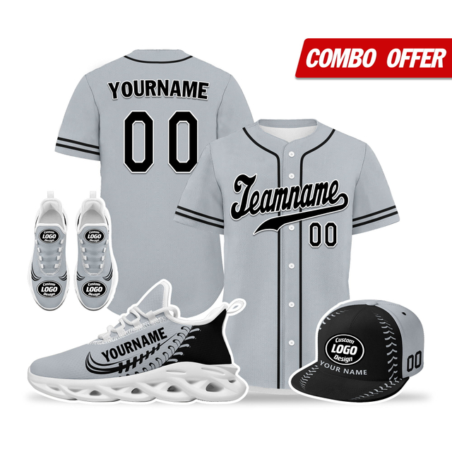 Cool Customize Baseball Jersey + Sneaker + Cap Kits | Personalized Design Printed Logo/Team Name/Picture/Photo On Sports Suits For Men And Women Gray Black White Sole Sport Shoes ZH-24020050-4w
