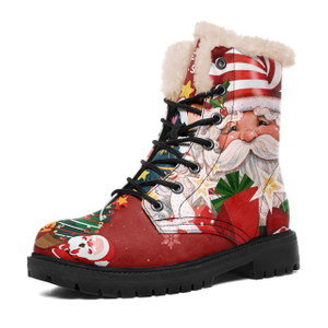 Winter Boots for Women, Custom Christmas Boots Santa Claus Print Ladies Fur Lined Lace up Ankle Boots 