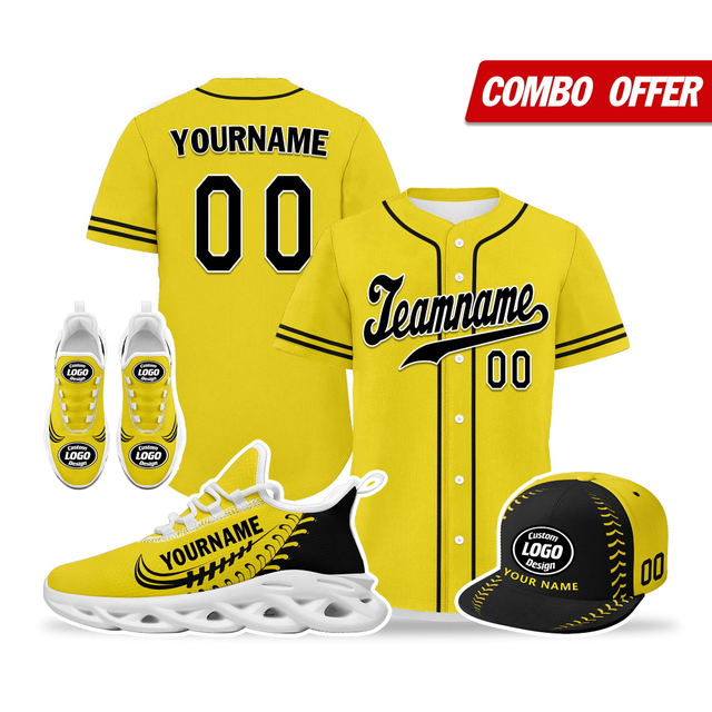 Cool Customize Baseball Jersey + Sneaker + Cap Kits | Personalized Design Printed Logo/Team Name/Picture/Photo On Sports Suits For Men And Women Yellow Black White Sole Sport Shoes ZH-24020050-27w