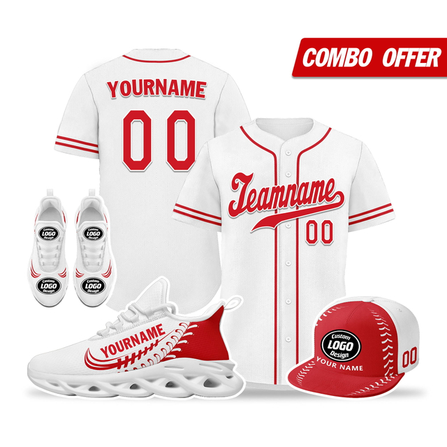 Cool Customize Baseball Jersey + Sneaker + Cap Kits | Personalized Design Printed Logo/Team Name/Picture/Photo On Sports Suits For Men And Women Red White Sole Sport Shoes ZH-24020050-35w