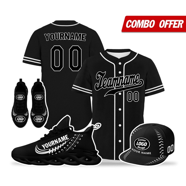 Customized Baseball Jersey + Sneaker + Cap Kits | Personalized Design Printed Logo/Team Name/Picture/Photo On Sports Suits For Men And Women All Black Sole Sport Shoes ZH-24020050-30b