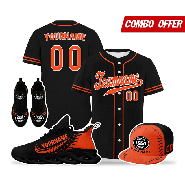 Custom Baseball Jersey + Sneaker + Cap Kits | Personalized Design Printed Logo/Team Name/Picture/Photo On Sports Suits For Men And Women Orange Black Sole Sport Shoes ZH-24020050-29b