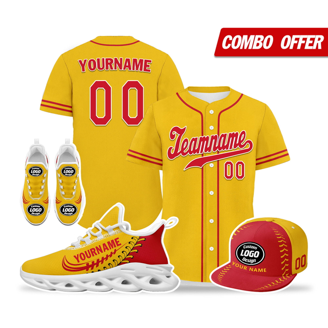 Cool Customize Baseball Jersey + Sneaker + Cap Kits | Personalized Design Printed Logo/Team Name/Picture/Photo On Sports Suits For Men And Women Yellow Red White Sole Sport Shoes ZH-24020050-8w