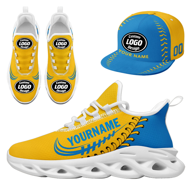 Customize Sport Shoe + Hat Kits Personalized Design Printing Logo & Picture on Sneakers for Men and Women Yellow Blue White Sole