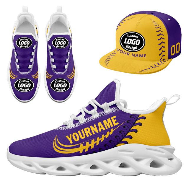 Custom Sneaker + Hat Kits Personalized Design Printing Logo & Photo on Sport Shoes for Men and Women Yellow Purple White Sole