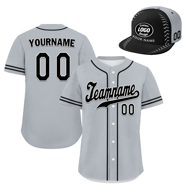 Custom Baseball Jersey + Cap | Personalized Design Printed Logo/Team Name/Picture/Photo On Sports Uniform Kits For Men And Women Gray Black ZH-24020053-4