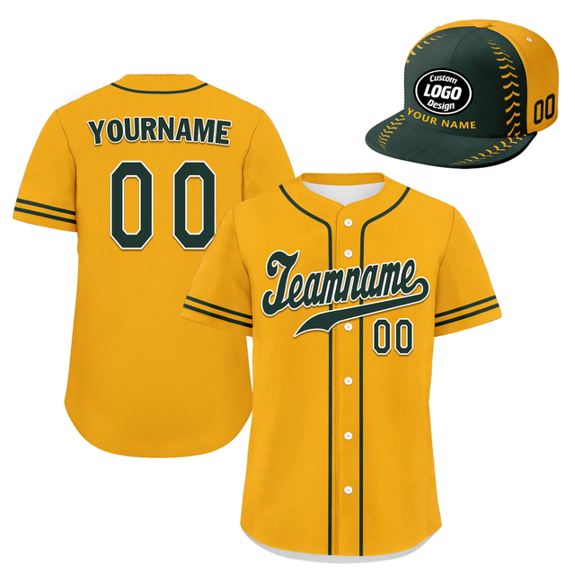Custom Baseball Jersey + Cap | Personalized Design Printed Logo/Team Name/Picture/Photo On Sports Uniform Kits For Men And Women Yellow Dark Green ZH-24020053-3