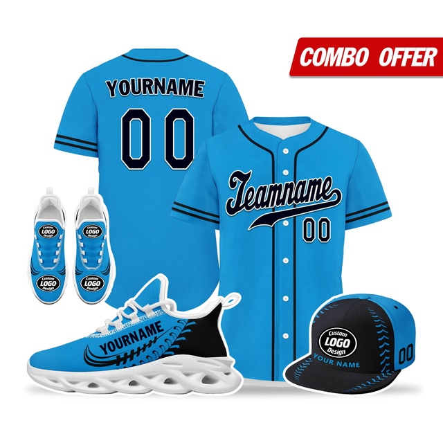 Custom Baseball Jersey + Sneaker + Cap Kits | Personalized Design Printed Logo/Team Name/Picture/Photo On Sports Suits For Men And Women Blue Black White Sole Sport Shoes ZH-24020050-23w