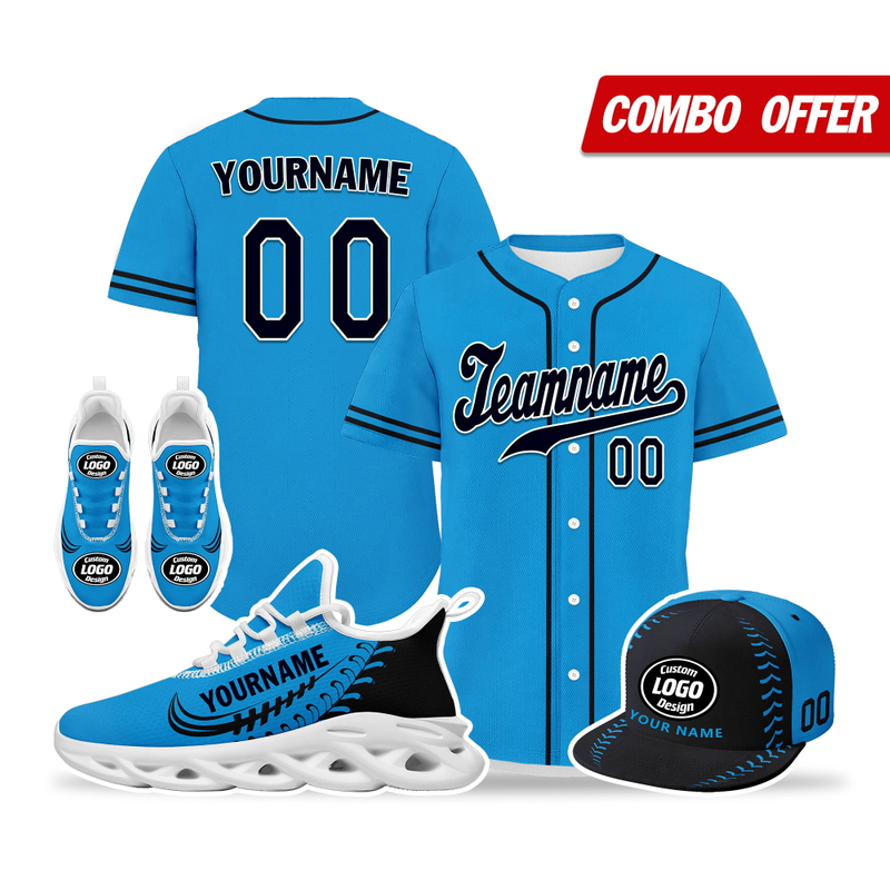 Custom Baseball Jersey + Sneaker + Cap Kits | Personalized Design Printed Logo/Team Name/Picture/Photo On Sports Suits For Men And Women Blue Black White Sole Sport Shoes ZH-24020050-23w