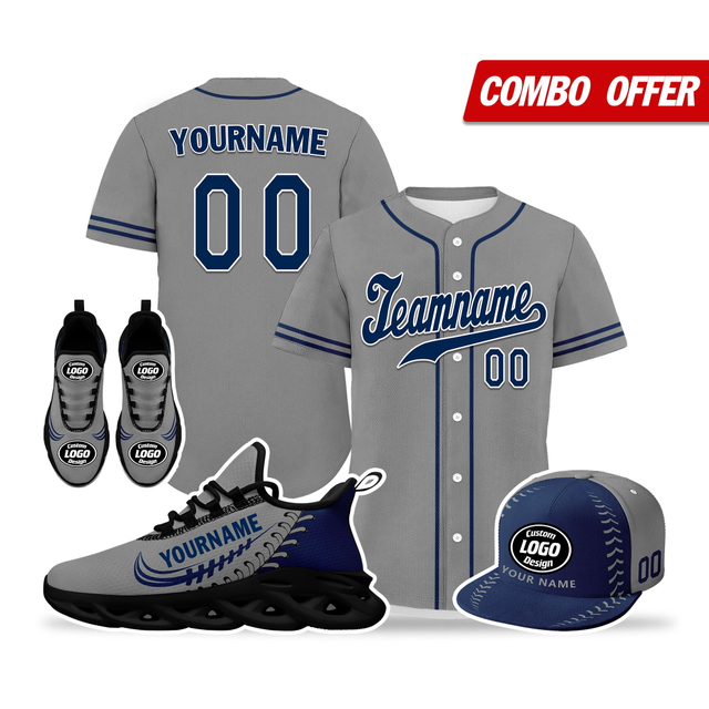 Cool Customize Baseball Jersey + Sneaker + Cap Kits | Personalized Design Printed Logo/Team Name/Picture/Photo On Sports Suits For Men And Women Gray Dark Blue Black Sole Sport Shoes ZH-24020050-13b