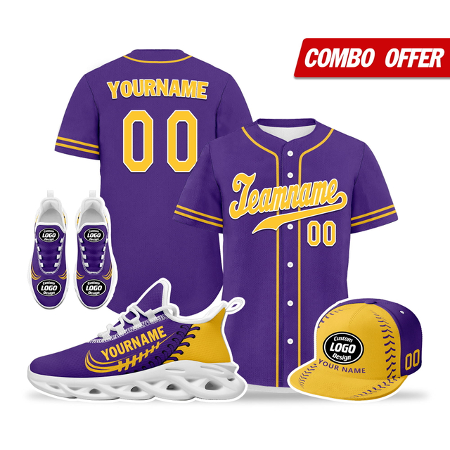 Cool Customize Baseball Jersey + Sneaker + Cap Kits | Personalized Design Printed Logo/Team Name/Picture/Photo On Sports Suits For Men And Women Purple Yellow White Sole Sport Shoes ZH-24020050-22w
