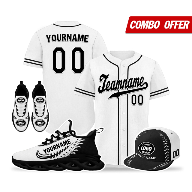 Cool Customize Baseball Jersey + Sneaker + Cap Kits | Personalized Design Printed Logo/Team Name/Picture/Photo On Sports Suits For Men And Women White Black Sole Sport Shoes ZH-24020050-26b