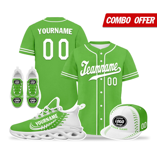 Cool Customize Baseball Jersey + Sneaker + Cap Kits | Personalized Design Printed Logo/Team Name/Picture/Photo On Sports Suits For Men And Women Green White Sole Sport Shoes ZH-24020050-25w
