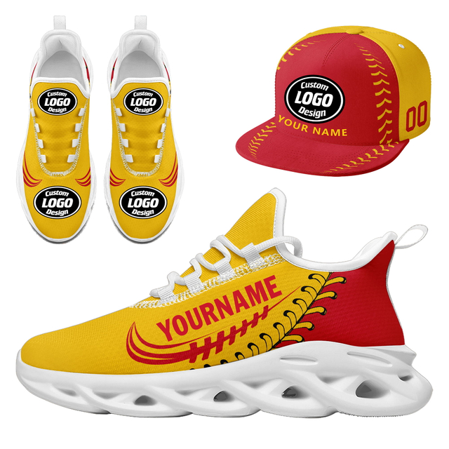 Customize Sport Shoe + Hat Kits Personalized Design Printing Logo & Picture on Sneakers for Men and Women Yellow Red White Sole