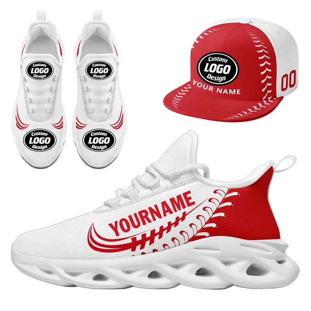 Custom Sneaker + Hat Kits Personalized Design Printing Logo & Photo on Sport Shoes for Men and Women Red White Sole