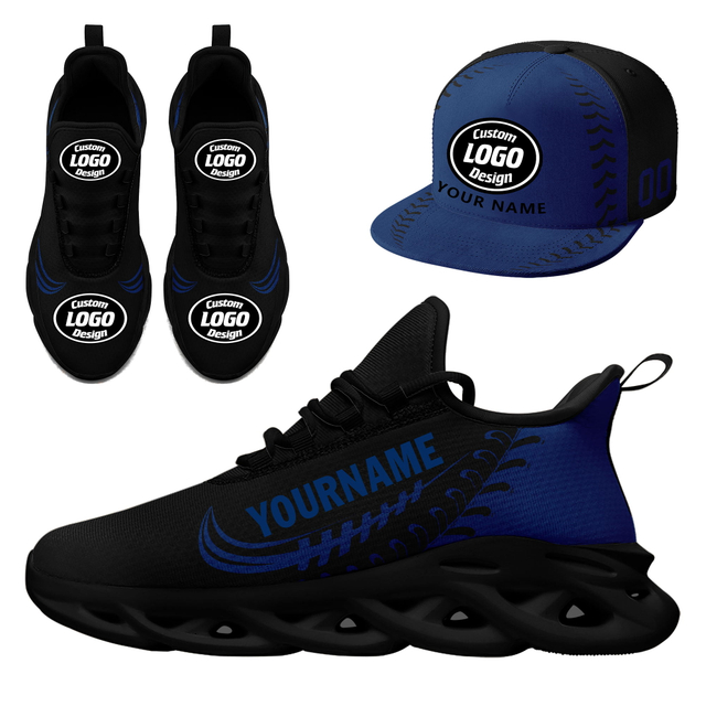 Custom Sneaker + Hat Kits Personalized Design Printing Logo & Photo on Sport Shoes for Men and Women Blue Black Sole