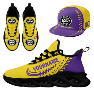 Custom Sneaker + Hat Kits Personalized Design Printing Logo & Picture on Sport Shoes for Men and Women Yellow Purple Black Sole