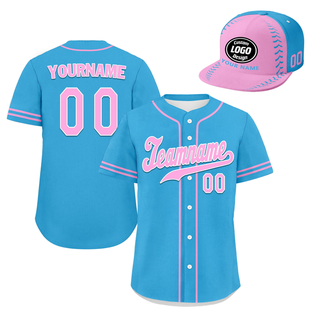 Custom Baseball Jersey + Cap | Personalized Design Printed Logo/Team Name/Picture/Photo On Sports Uniform Kits For Men And Women Blue Pink ZH-24020053-34