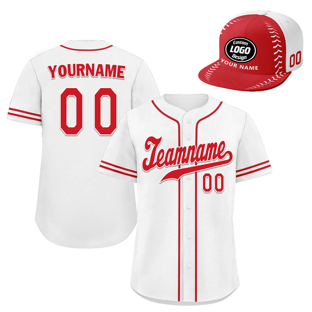 Custom Baseball Jersey + Cap | Personalized Design Printed Logo/Team Name/Picture/Photo On Sports Uniform Kits For Men And Women White Red ZH-24020053-35