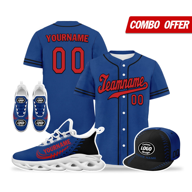 Cool Customize Baseball Jersey + Sneaker + Cap Kits | Personalized Design Printed Logo/Team Name/Picture/Photo On Sports Suits For Men And Women Dark Blue Red White Sole Sport Shoes ZH-24020050-10w