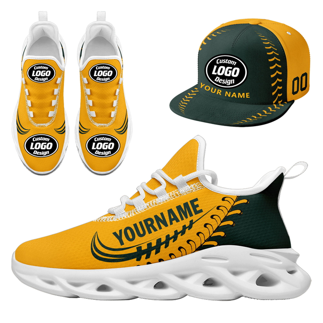 Customize Sport Shoe + Hat Kits Personalized Design Printing Logo & Picture on Sneakers for Men and Women Yellow Dark Green White Sole