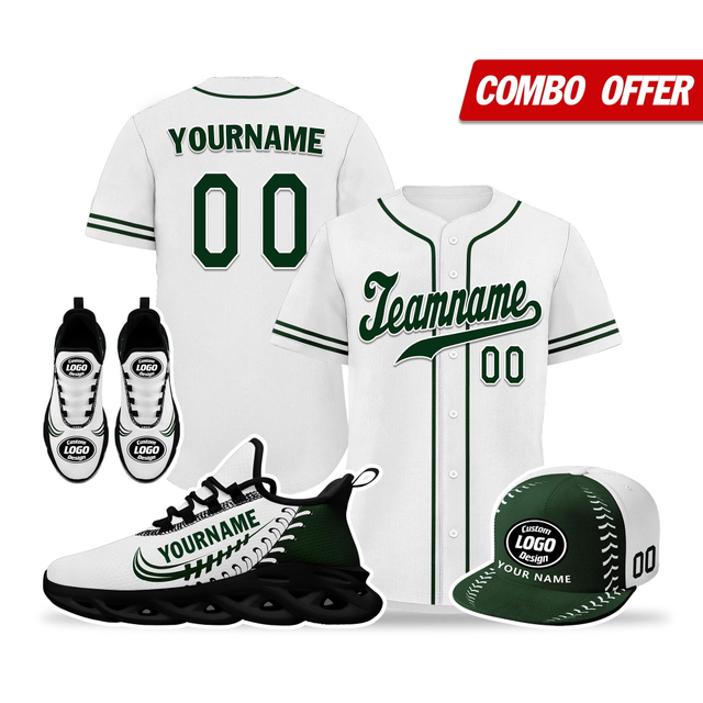 Cool Customize Baseball Jersey + Sneaker + Cap Kits | Personalized Design Printed Logo/Team Name/Picture/Photo On Sports Suits For Men And Women Dark Green White Black Sole Sport Shoes ZH-24020050-17b