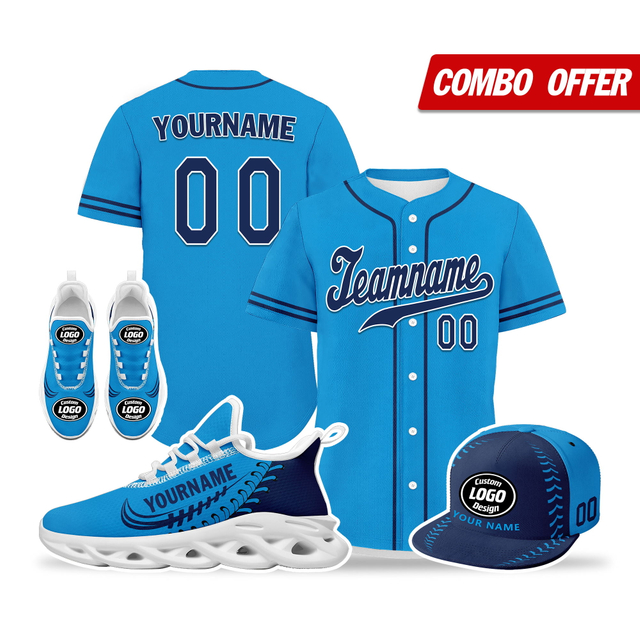 Cool Customize Baseball Jersey + Sneaker + Cap Kits | Personalized Design Printed Logo/Team Name/Picture/Photo On Sports Suits For Men And Women Navy Blue White Sole Sport Shoes ZH-24020050-33w