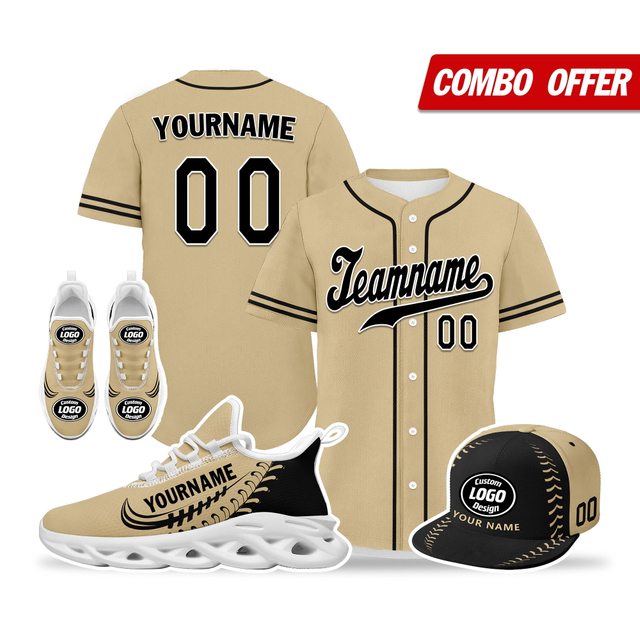 Cool Customize Baseball Jersey + Sneaker + Cap Kits | Personalized Design Printed Logo/Team Name/Picture/Photo On Sports Suits For Men And Women Beige Black White Sole Sport Shoes ZH-24020050-18w