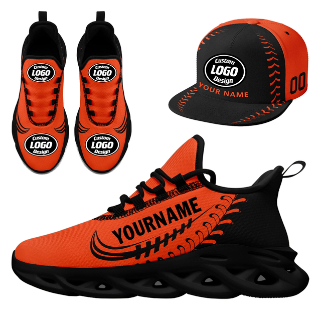 Custom Sneaker + Hat Kits Personalized Design Printing Logo & Photo on Sport Shoes for Men and Women Orange Black Sole