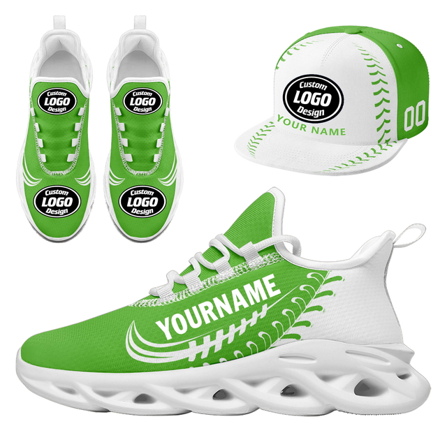Custom Sneaker + Hat Kits Personalized Design Printing Logo & Photo on Sport Shoes for Men and Women Green White Sole