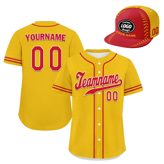 Custom Baseball Jersey + Cap | Personalized Design Printed Logo/Team Name/Picture/Photo On Sports Uniform Kits For Men And Women Yellow Red ZH-24020053-8