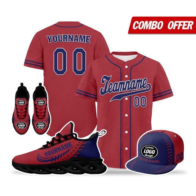 Cool Customize Baseball Jersey + Sneaker + Cap Kits | Personalized Design Printed Logo/Team Name/Picture/Photo On Sports Suits For Men And Women Claret Dark Blue Black Sole Sport Shoes ZH-24020050-21b