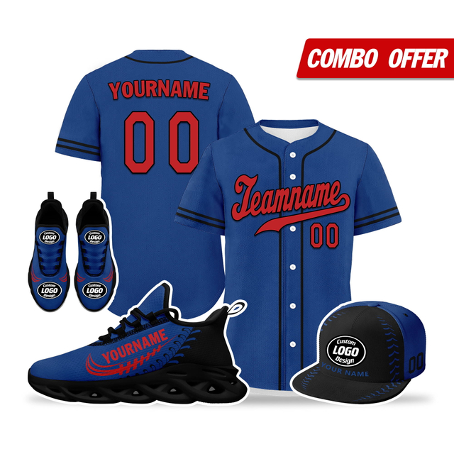 Cool Customize Baseball Jersey + Sneaker + Cap Kits | Personalized Design Printed Logo/Team Name/Picture/Photo On Sports Suits For Men And Women Dark Blue Red Black Sole Sport Shoes ZH-24020050-10b