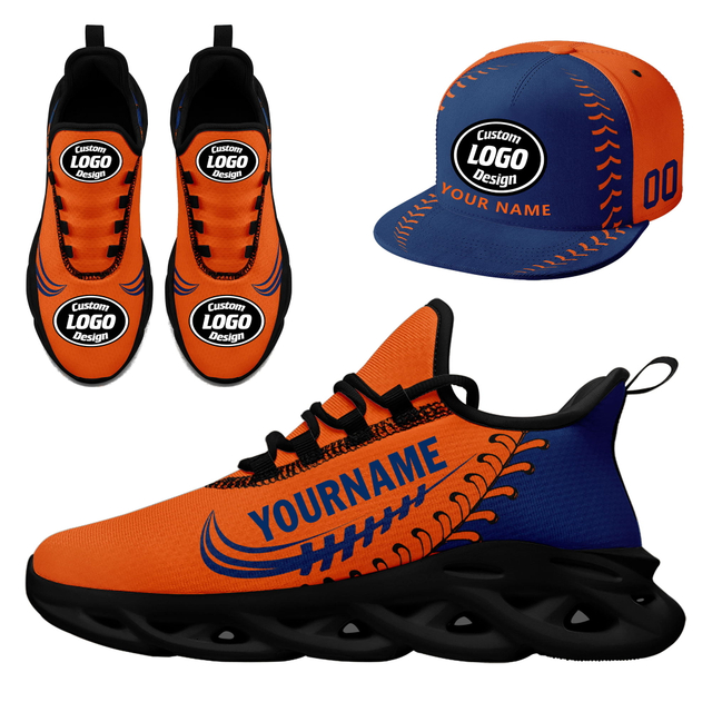 Customize Sport Shoe + Hat Kits Personalized Design Printing Logo & Picture on Sneakers for Men and Women Orange Blue Black Sole