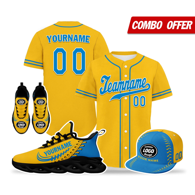 Cool Customize Baseball Jersey + Sneaker + Cap Kits | Personalized Design Printed Logo/Team Name/Picture/Photo On Sports Suits For Men And Women Yellow Blue Black Sole Sport Shoes ZH-24020050-9b