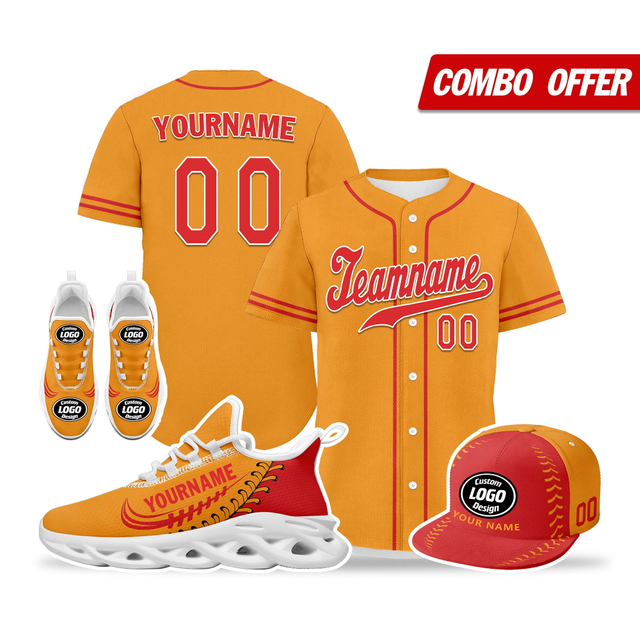 Cool Customize Baseball Jersey + Sneaker + Cap Kits | Personalized Design Printed Logo/Team Name/Picture/Photo On Sports Suits For Men And Women Orange Red White Sole Sport Shoes ZH-24020050-14w