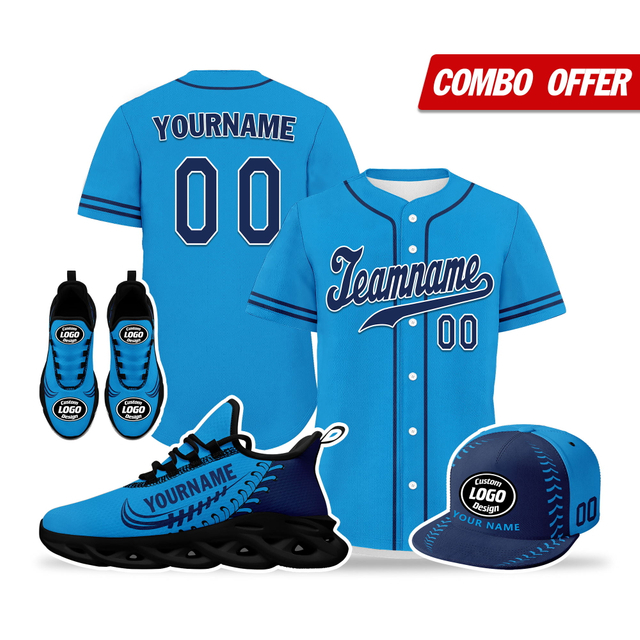 Cool Customize Baseball Jersey + Sneaker + Cap Kits | Personalized Design Printed Logo/Team Name/Picture/Photo On Sports Suits For Men And Women Navy Blue Black Sole Sport Shoes ZH-24020050-33b