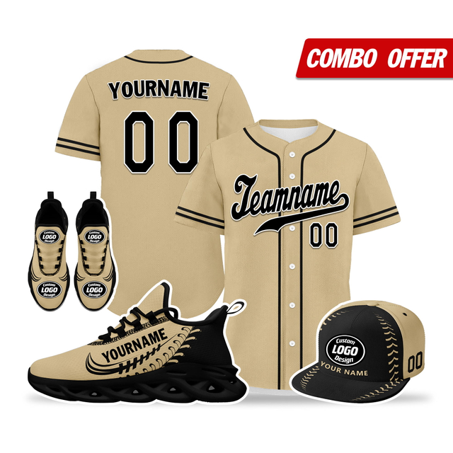 Cool Customize Baseball Jersey + Sneaker + Cap Kits | Personalized Design Printed Logo/Team Name/Picture/Photo On Sports Suits For Men And Women Beige Black Sole Sport Shoes ZH-24020050-18b