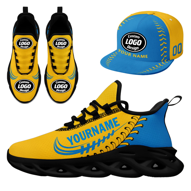 Customize Sport Shoe + Hat Kits Personalized Design Printing Logo & Picture on Sneakers for Men and Women Yellow Blue Black Sole