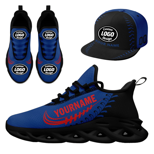 Customize Sport Shoe + Hat Kits Personalized Design Printing Logo & Picture on Sneakers for Men and Women Blue Black Sole