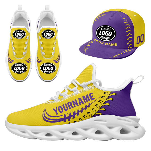 Custom Sneaker + Hat Kits Personalized Design Printing Logo & Picture on Sport Shoes for Men and Women Yellow Purple White Sole