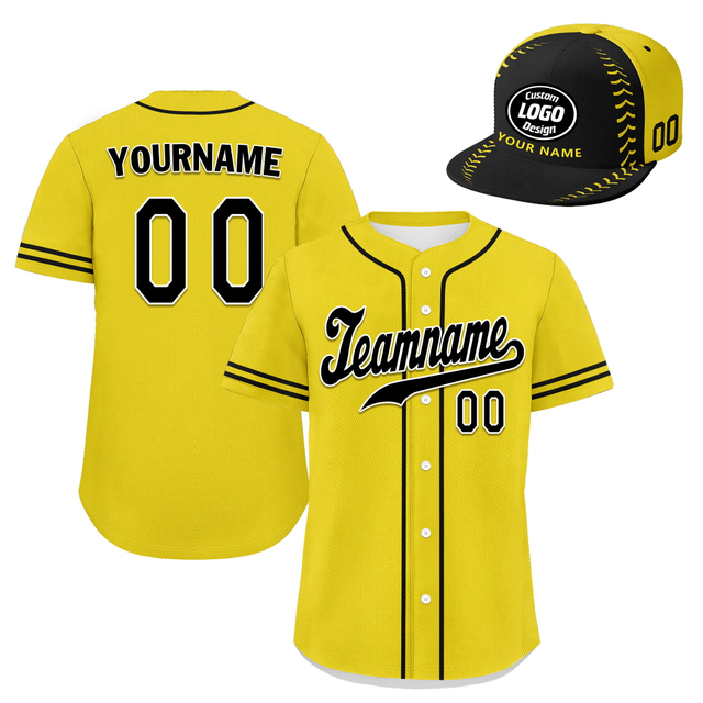 Custom Baseball Jersey + Cap | Personalized Design Printed Logo/Team Name/Picture/Photo On Sports Uniform Kits For Men And Women Yellow Black ZH-24020053-27