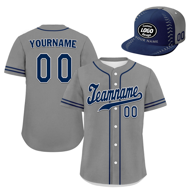 Custom Baseball Jersey + Cap | Personalized Design Printed Logo/Team Name/Picture/Photo On Sports Uniform Kits For Men And Women Gray Dark Blue ZH-24020053-13