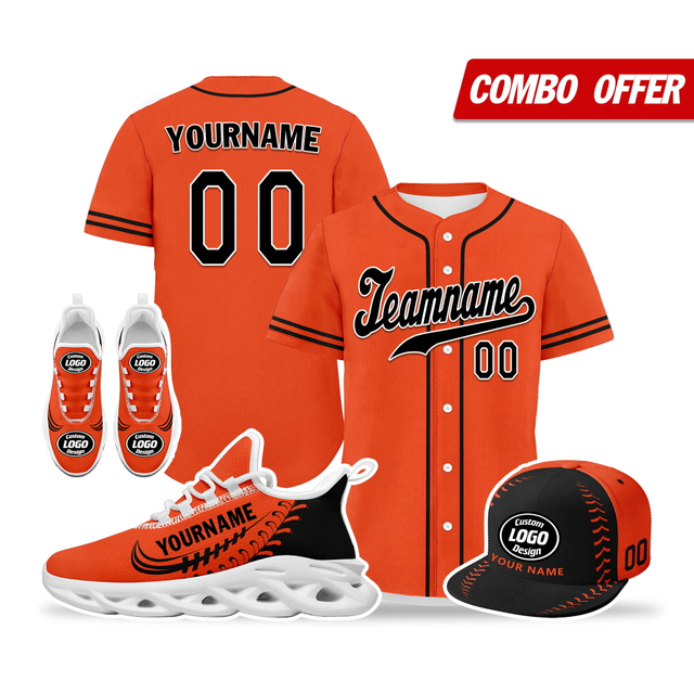 Cool Customize Baseball Jersey + Sneaker + Cap Kits | Personalized Design Printed Logo/Team Name/Picture/Photo On Sports Suits For Men And Women Orange Black White Sole Sport Shoes ZH-24020050-20w