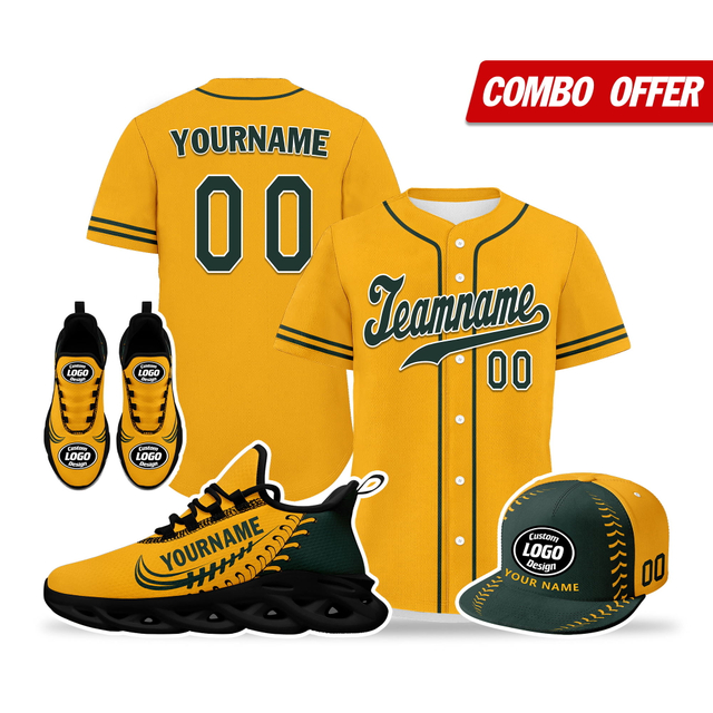 Cool Customize Baseball Jersey + Sneaker + Cap Kits | Personalized Design Printed Logo/Team Name/Picture/Photo On Sports Suits For Men And Women Yellow Dark Green Black Sole Sport Shoes ZH-24020050-3b